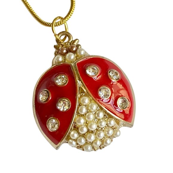 Crystal Ladybug Necklace Gold Plated 16-18" Chain Insect Red Enamel Pearl - Picture 1 of 8